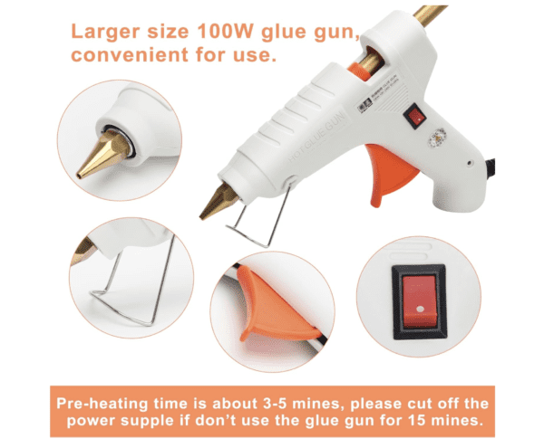 100W glue gun with pre-heating instructions.